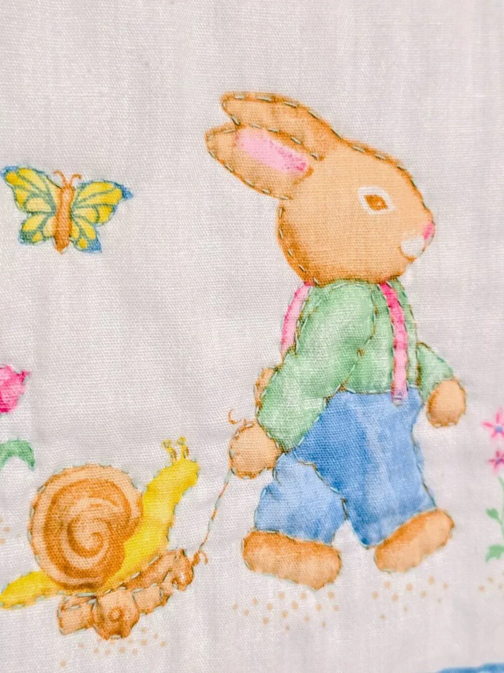 VTG 1990s Handmade Baby Quilt Cottagecore Bunny Rabbit Embroidery Blanket